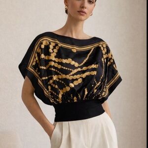 Cache | 100% Silk Black and Gold Chain-Print Y2K Glam Blouson Top